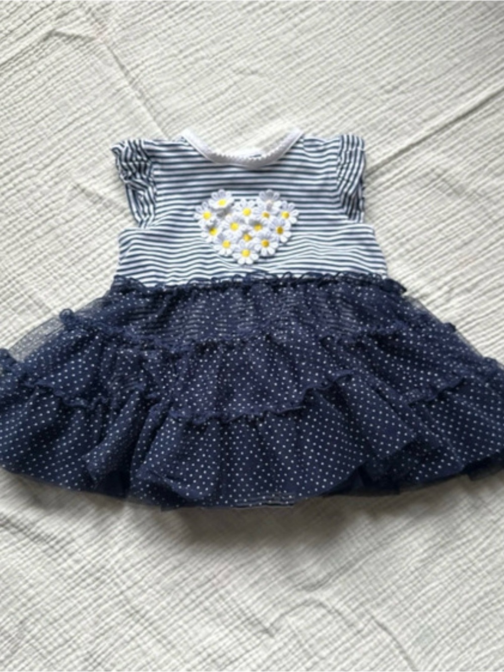 Little Me Navy Blue and White Striped Baby Dress with Polka Dot Tulle